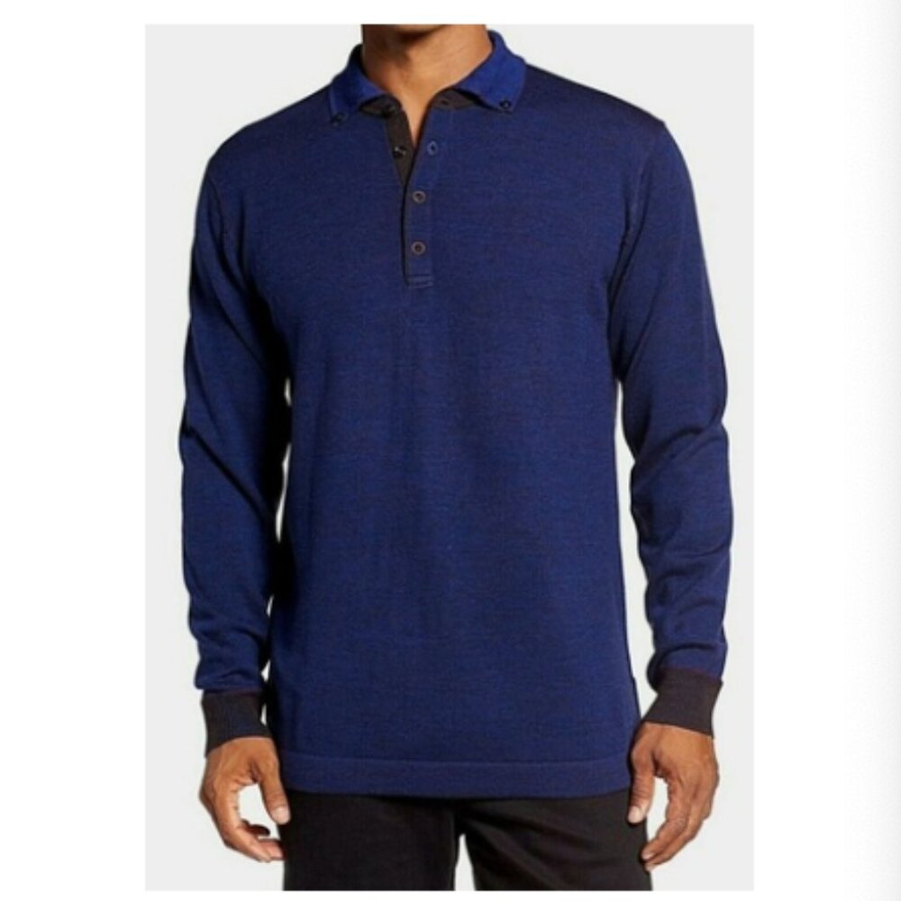 ROBERT GRAHAM ESTE LONG SLEEVE BLUE MERINO WOOL POLO SWEATER Size 2XL